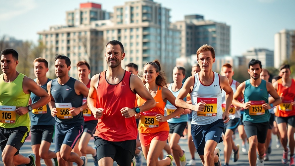 도로 레이스에서 그룹을 이루어 달리는 10km 참가자들