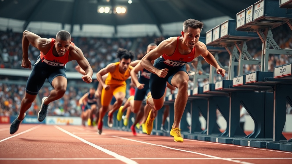 출발선에서 폭발적으로 스타트하는 스프린터들의 모습